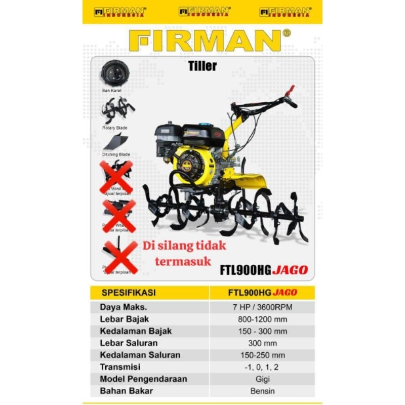 Cultivator Bajak Firman FTL900HG Jago