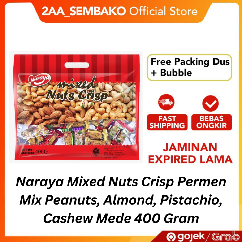 

Naraya Mixed Nuts Crisp Permen Mix Peanuts, Almond, Pistachio, Cashew Mede 400 Gram