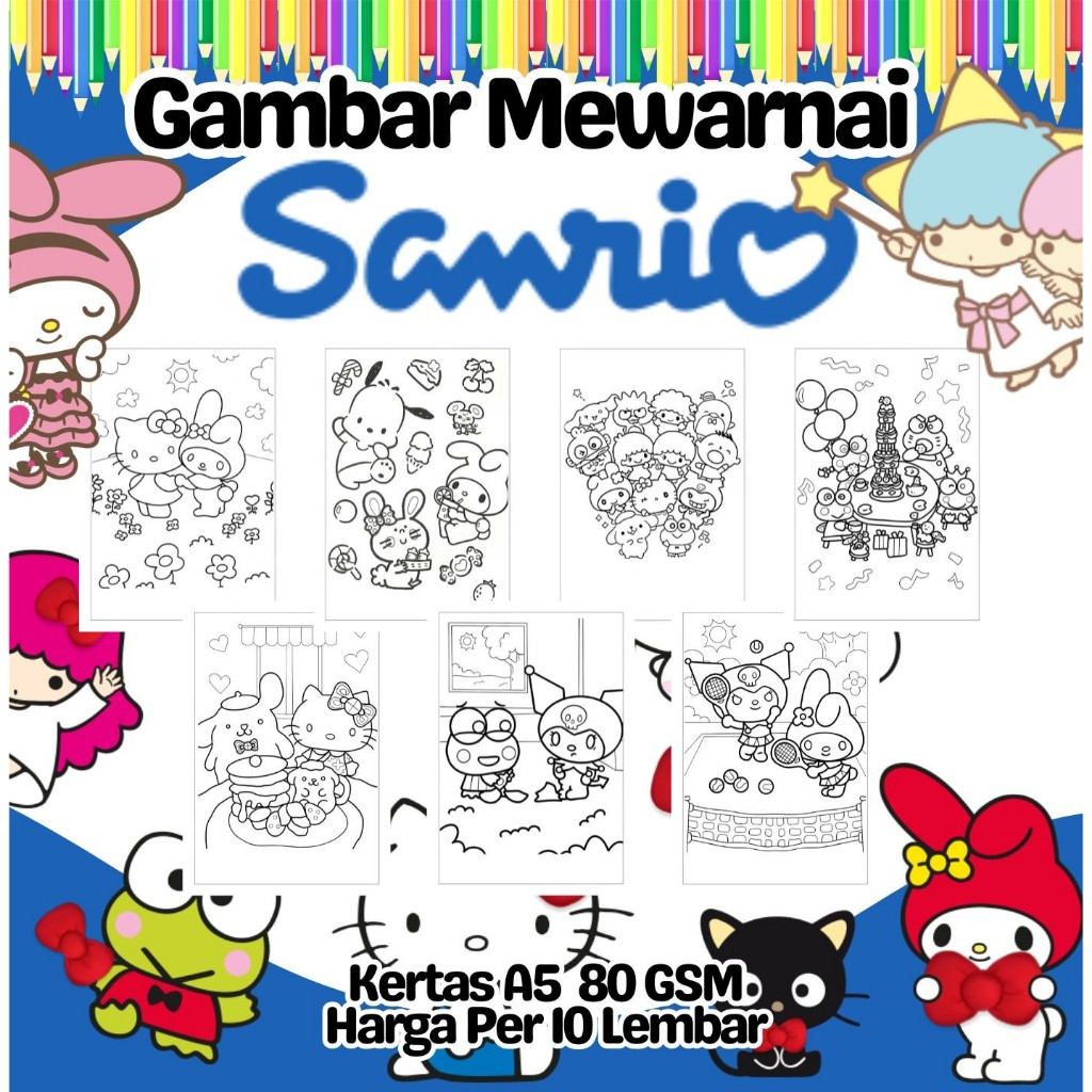 

10 Lembar Kertas A5 Gambar Mewarnai Tema SANRIO Termurah - Anak Anak TK SD PAUD Remaja