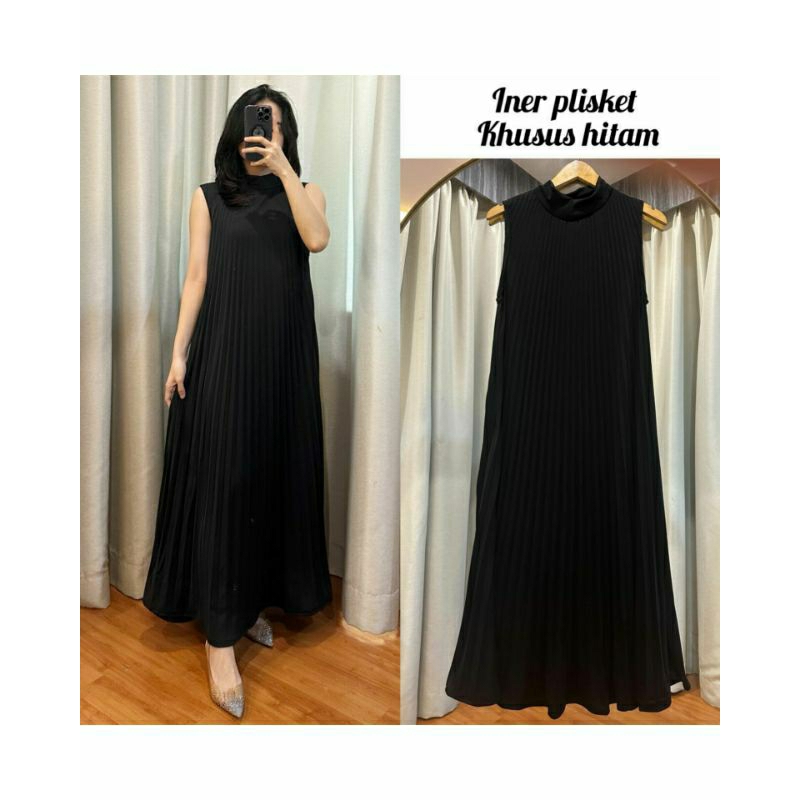 Ready inner dress plisket hitam putih tanpa lengan