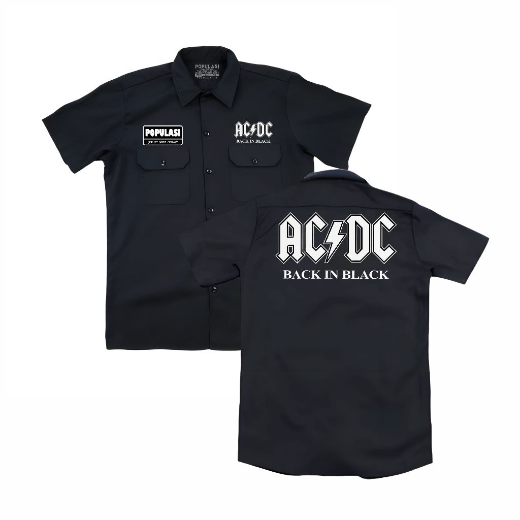 Populasi  Workshirt Acdc back in Black pdh band musik Pakaian pria wanita  Kemeja pdh Vintage Casual