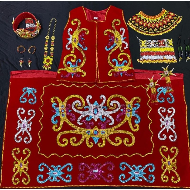 BAJU ADAT DAYAK KALIMANTAN//SET ACC ADAT DAYAK//BAJU ADAT DAYAK MERAH//BAJU ADAT TRADISIONAL DAYAK C