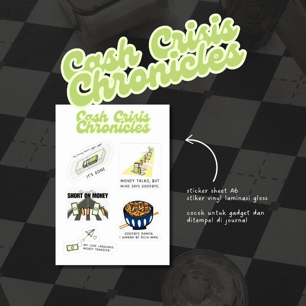 

Sticker SHEET MONEY CASH CRISIS CHRONICLES A6 - Sticker Uang Cash Crisis Chronicles Vinyl Premium Waterproof untuk laptop, HP, jurnal, motor, helm, ipad, buku
