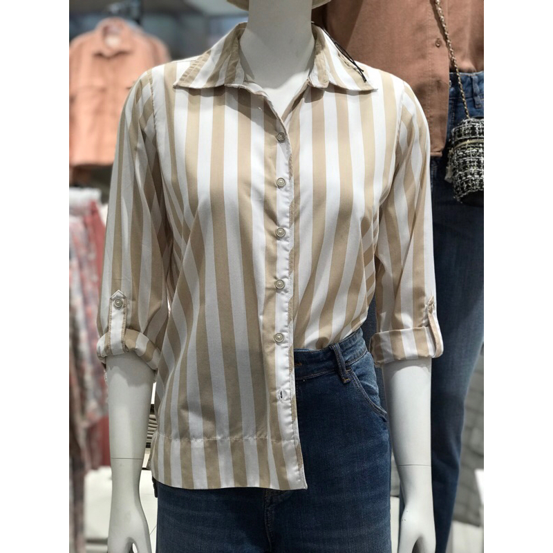 Cardinal Kemeja wanita Salur coklat putih