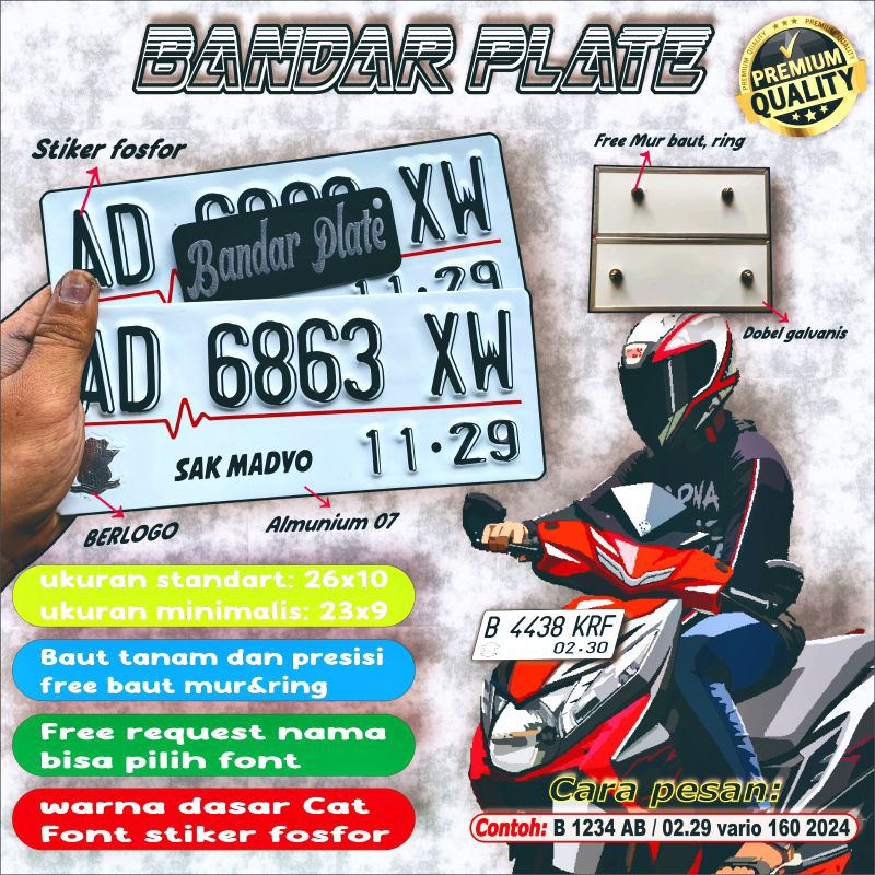 Plat motor variasi FONT 3D , bahan tebal, Plat motor baut tanam(free request nama)