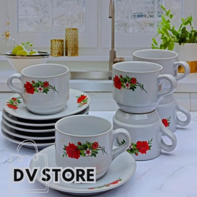 gratis sendok cangkir set keramik 12 pcs isi 6.cangkir 6.tatakan piring motif bunga rose merah