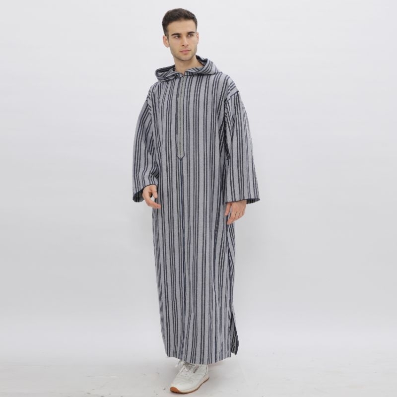 ORIGINAL Baju Umroh Gamis Hoodie Djellaba Maroko Jalabah Jubah Kapucong Maroko Pria Flanel Salur Abu