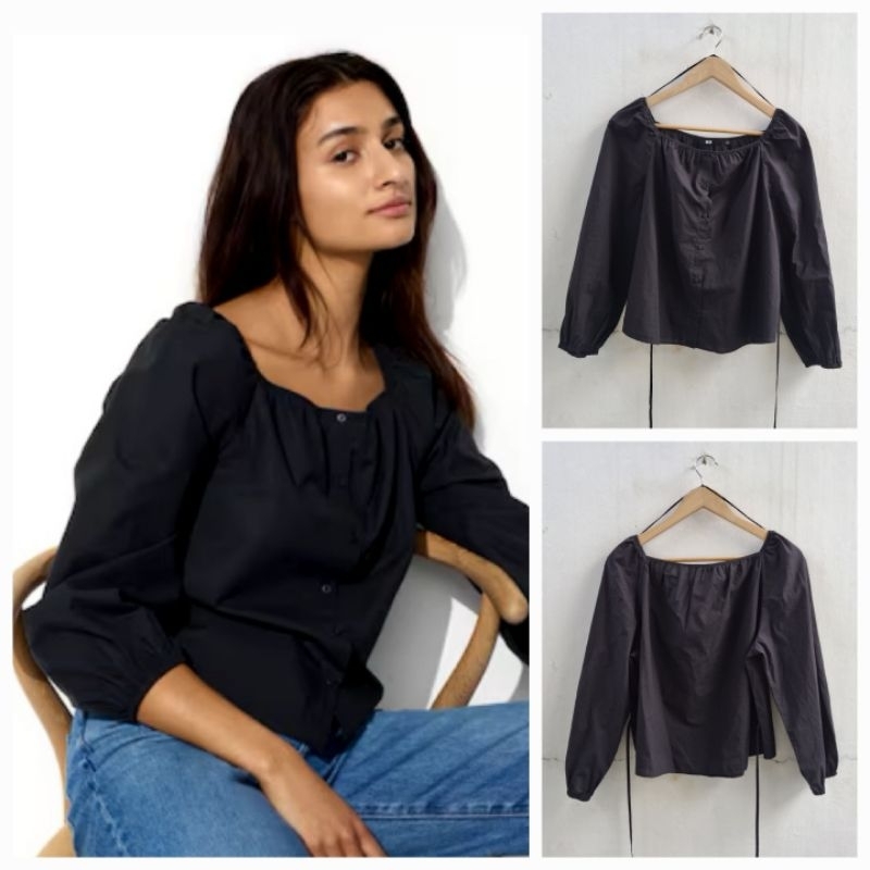 UNIQLO BLUS KATUN KERAH PERSEGI HITAM BLOUSE BARU ASLI ORIGINAL