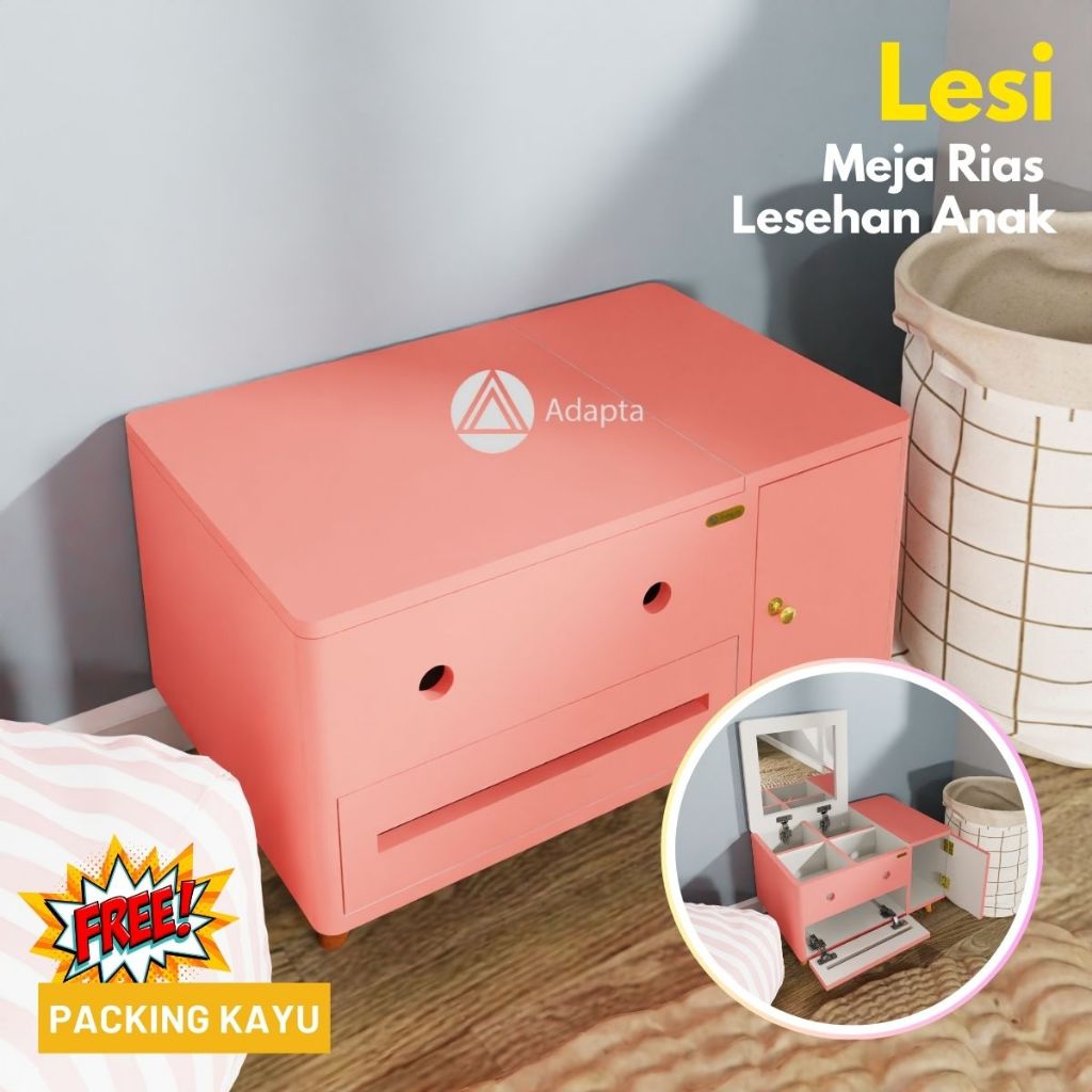 Adapta - Meja Rias Anak Warna Pink – Meja Makeup Model Lesehan dengan Storage Tisu - LESI - E6&E8