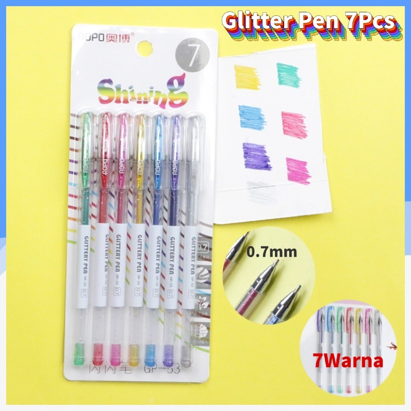 

Pen Glitter Warna-Warni 0.7mm Pulpen gel Pena Gel Warna Gel Pen Glitter 7 Warna