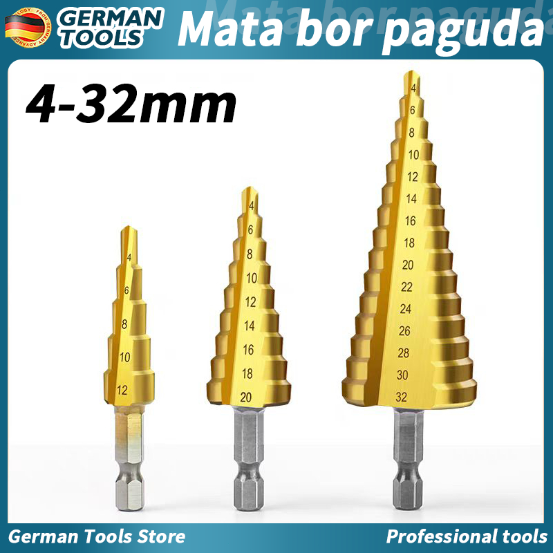 German Tools Mata Bor Pagoda 4 12 20 32mm 3PCS Hole Saw Spiral HSS Steel Titanium Coating besi Multi