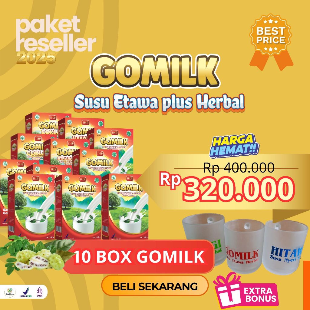 

PAKET RESELLER 10 BOX GOMILK 200GR SUSU ETAWA PLUS HERBAL DISKON 20% GRATIS GELAS CANTIK