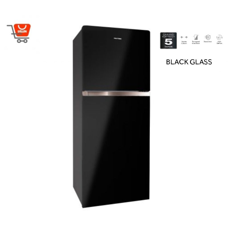 kulkas polytron 2 pintu PRW25MNX black glass 240 liter