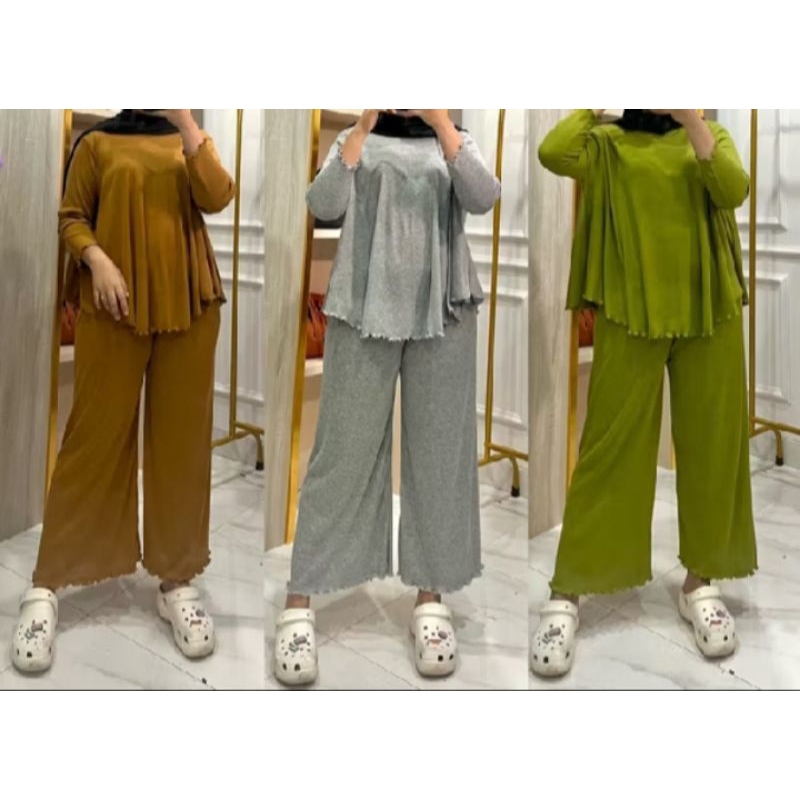 Atachi setelan rib knit wanita lengan 7/8 celana panjang baju atasan setelan wanita dewasa
