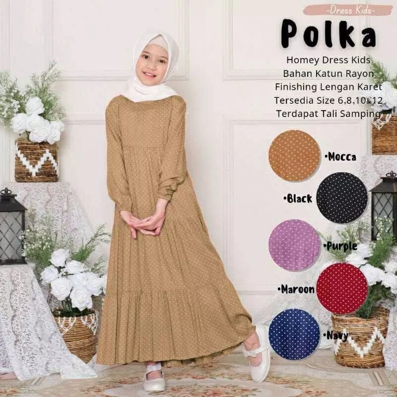 Gamis Anak Polkadot Bahan Rayon Premium Usia 7-12 Tahun Midi Dress Anak Tanggung Polkadot