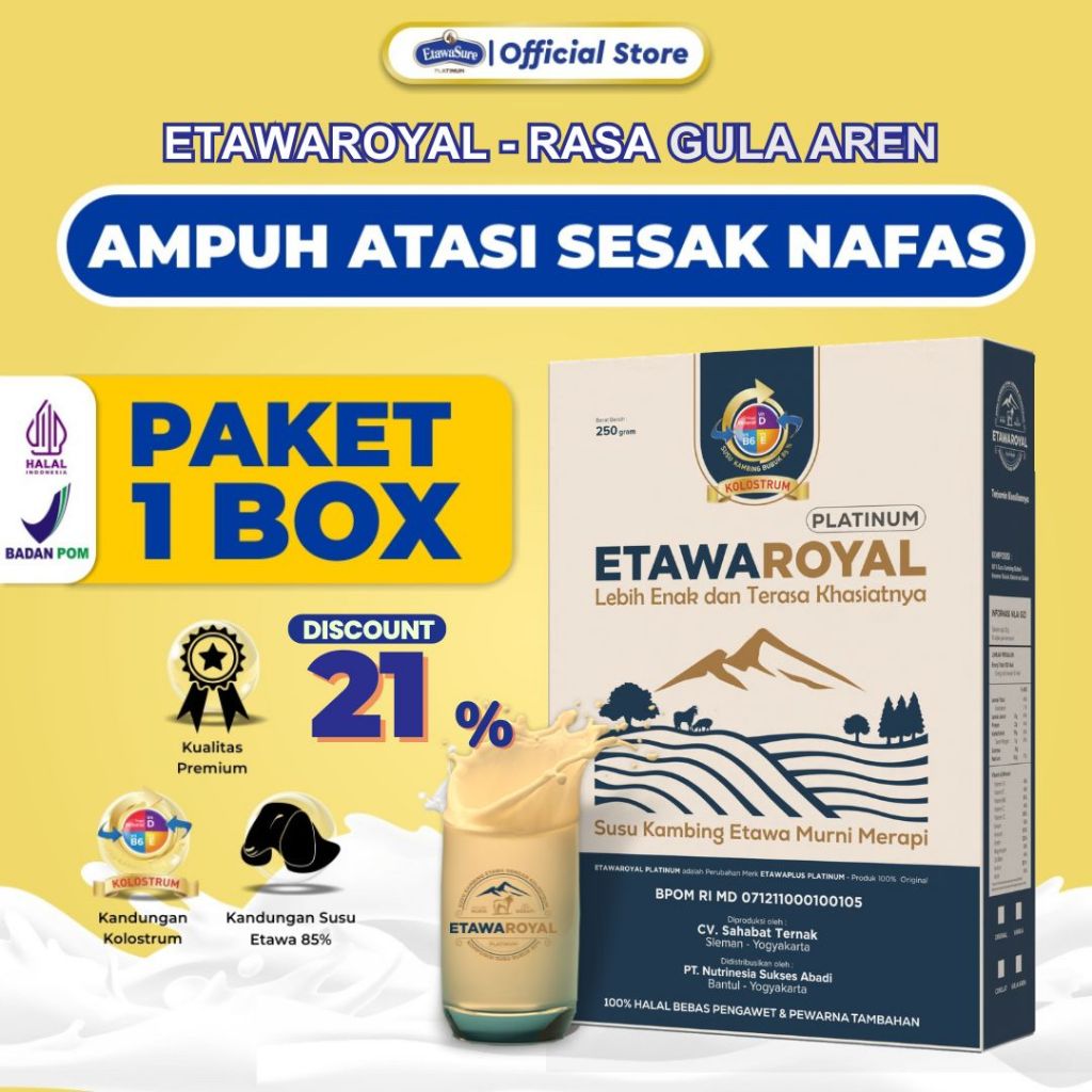 

ETAWAROYAL Platinum Perubahan merk Etawaplus Platinum Asli - Susu Kambing Rasa Gula Aren - Untuk Sesak Nafas dan Nyeri Dada Kemasan 250gr Paket 1 box