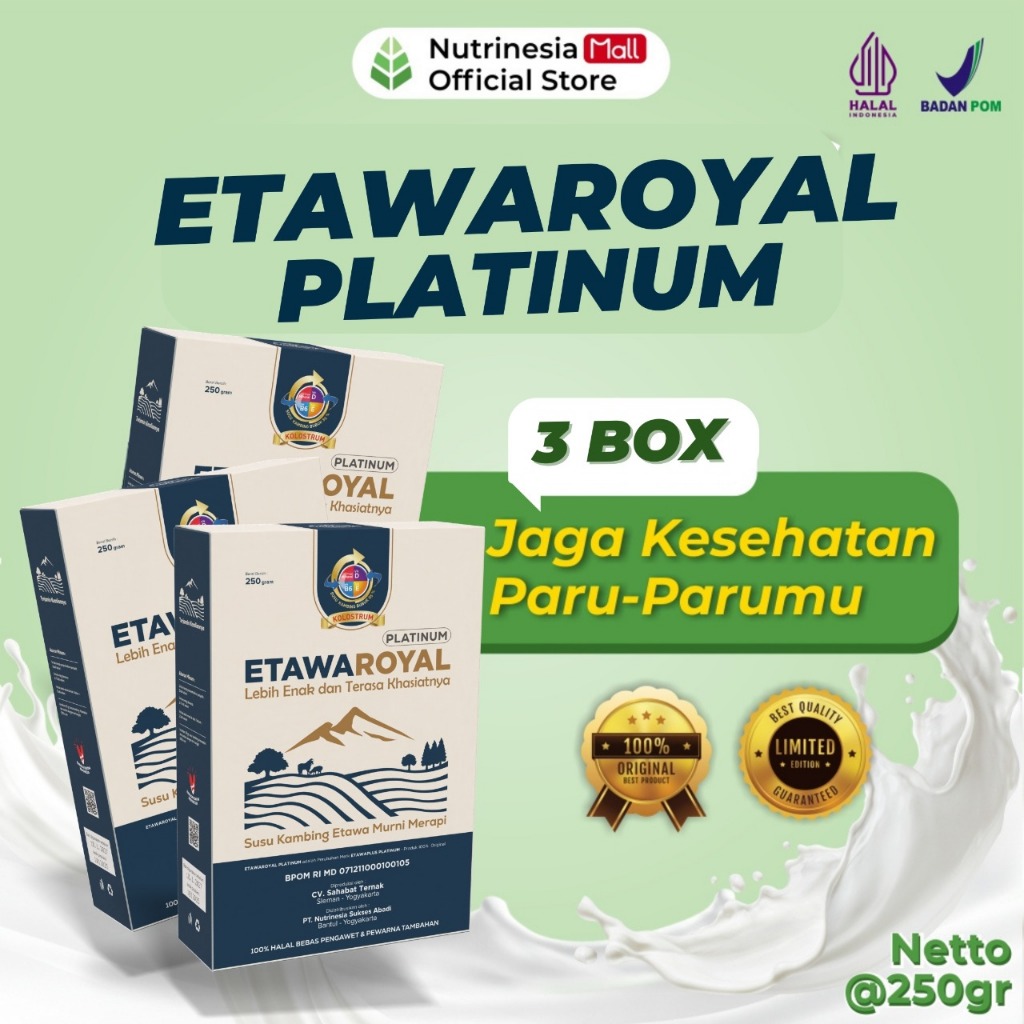 

ETAWAROYAL Platinum Perubahan merk Etawaplus Platinum Asli - Susu Etawa Bubuk Dengan Kolostrum Atasi Sesak Nafas dan Nyeri Dada - Paket 3 Box Kemasan 250gr