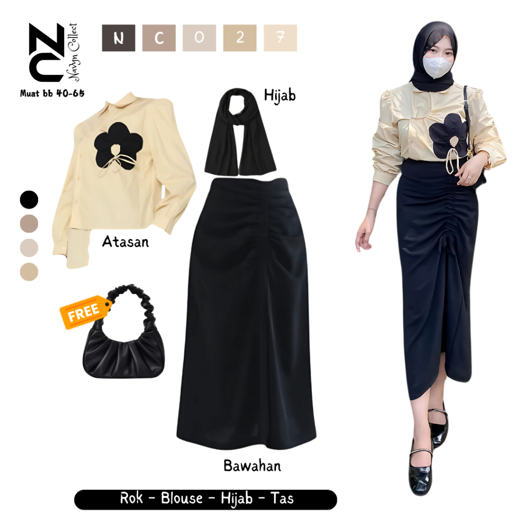 One set OOTD Kekinian Wanita 3in1(blouse bunga+rok serut wanita+hijab pashmina ceruty) NC027