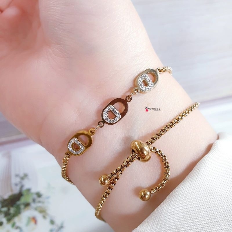 Gelang Tangan Serut Wanita Kombinasi Permata Polos Putih Gold Fashion Titanium N07012502