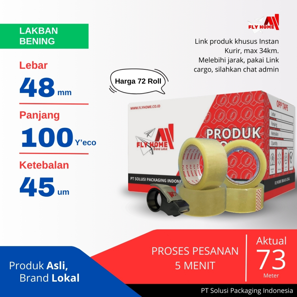 

FLYHOME Lakban bening 1 dus 100yard 48mm x 100yard 2inchi 72 roll 100 yard ECO Instan