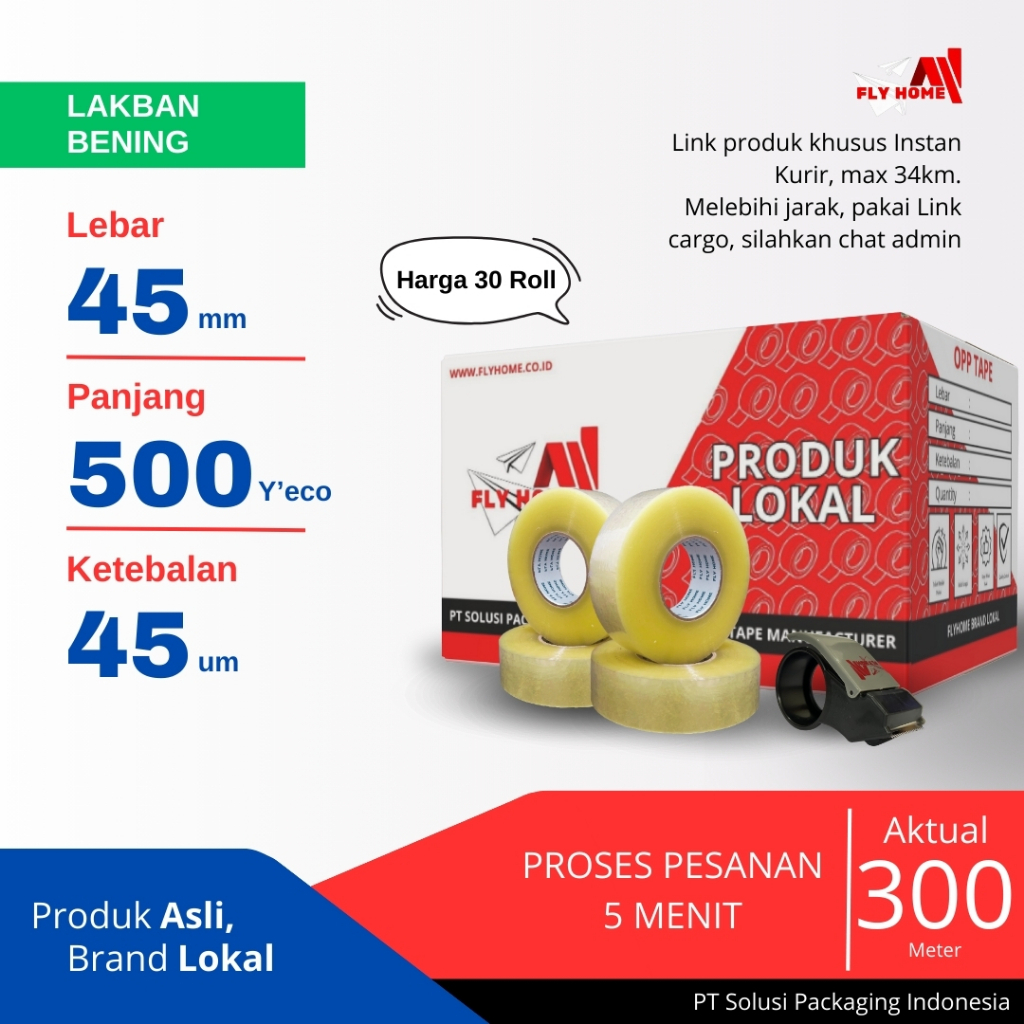 

FLYHOME Lakban bening 1 dus 500yard 45mm x 500yard 30 roll lakban jumbo 500 yard ECO Instan