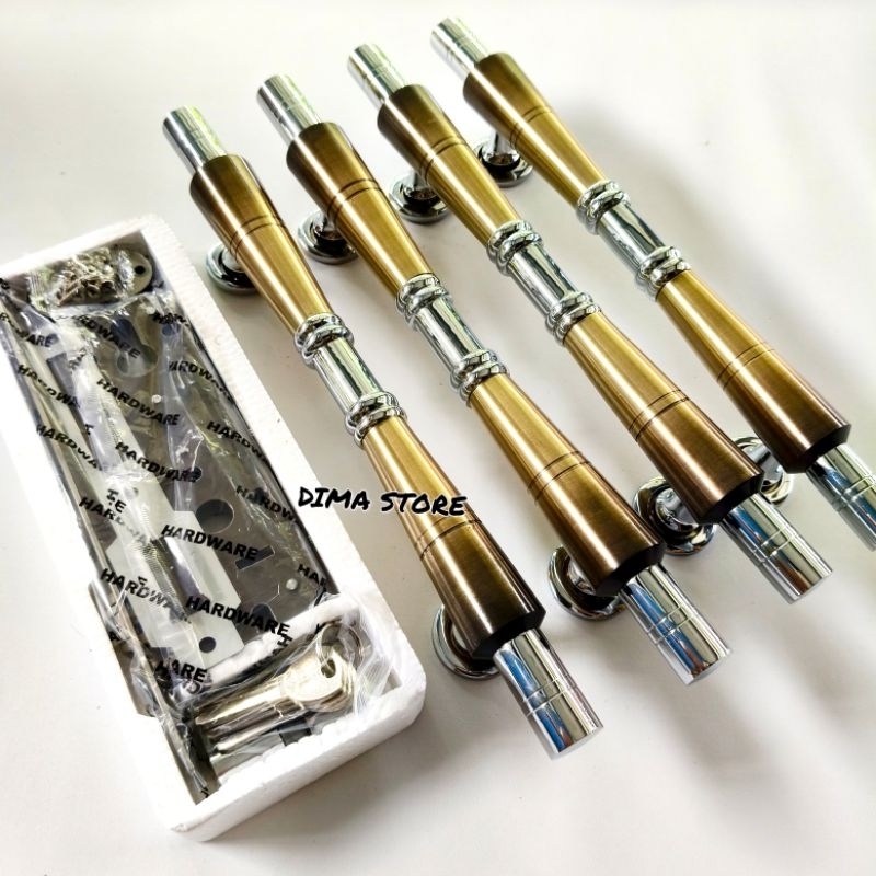 ( 4 Biji + Kunci ) Handle Kuningan BAMBU CROM ANTIK Tarikan Pintu Kupu Tarung Antik Pegangan Klasik 