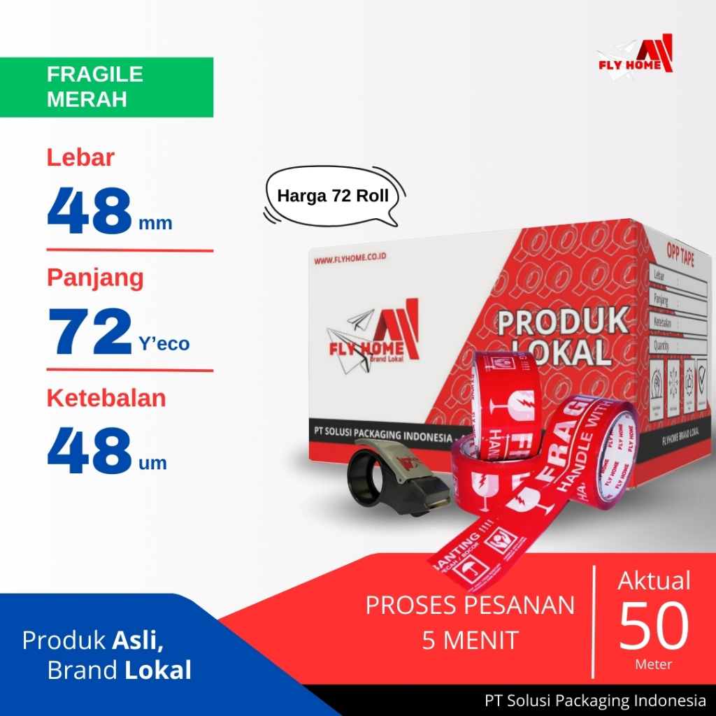 

FLYHOME Fragile merah 72yard 1 dus 48mm x 72yard 2inci 72 roll lakban Fragile 72 yard ECO Cargo