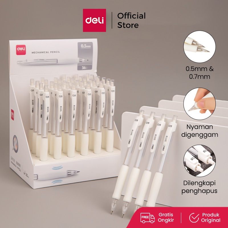 

Deli Mechanical Pencil / Pensil Mekanik 0.5mm 0.7mm Putih Transparan Dengan Penghapus SH11X