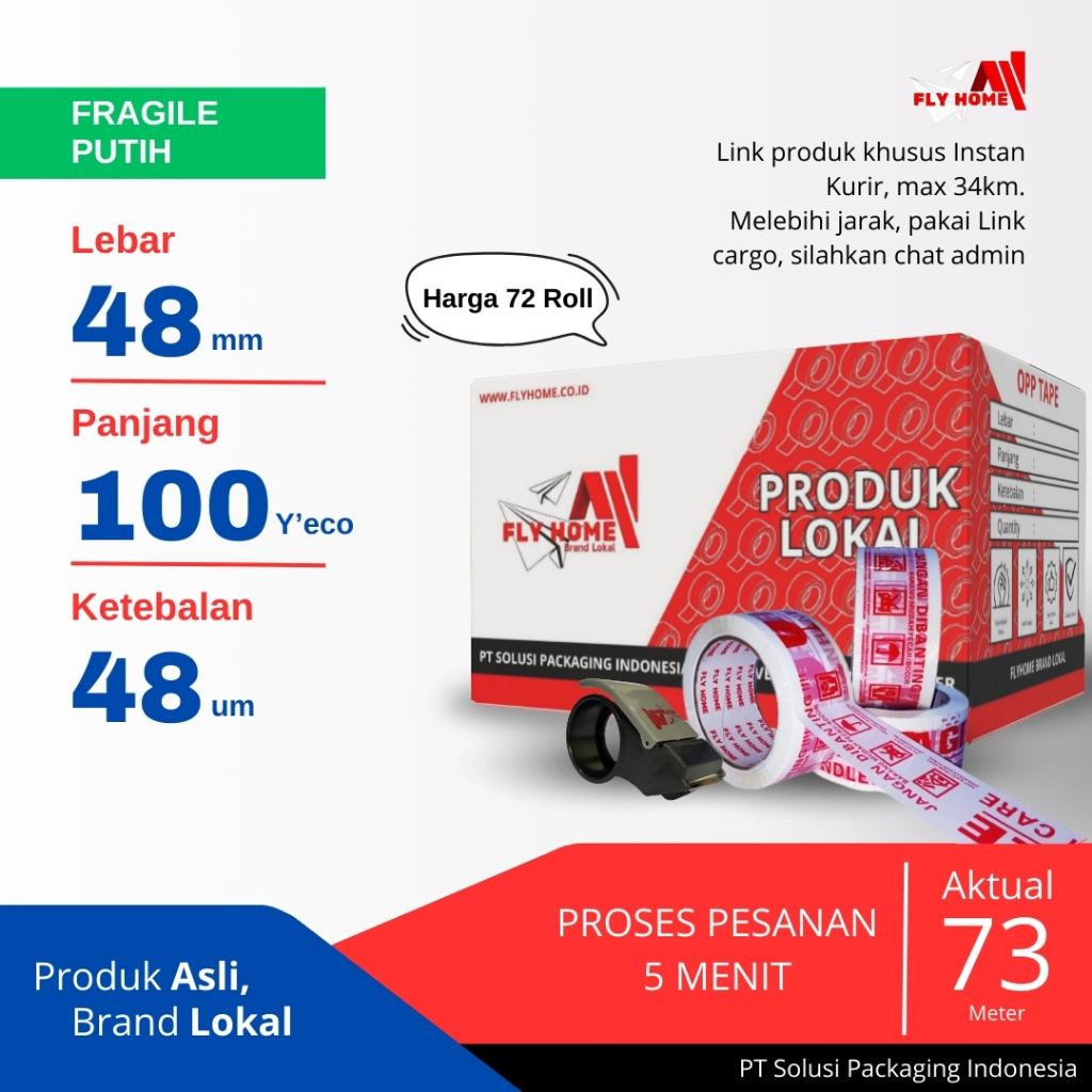 

FLYHOME Fragile putih 1 dus 100yard 72 roll 48mm x 100yard 2in lakban Printing 100 yard ECO Instan