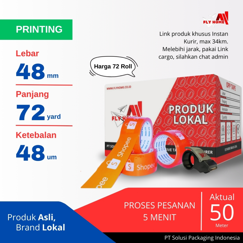 

FLYHOME Lakban online shop 1 dus 72yard tk oren 72 roll 48mm x 72yard ECO Instan