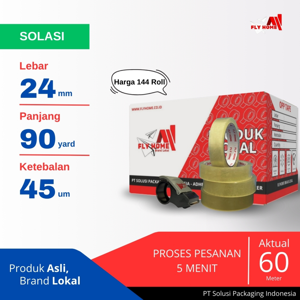 

FLYHOME Lakban kecil Solasi 1 dus 90yard 24mm x 90yard selotip 144 roll 90 yard ECO Cargo