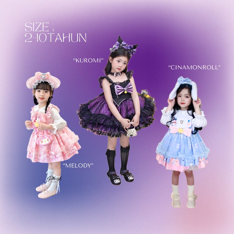 Kuromi Melody Kids Party Dress/ Dress Pesta Karakter Anak Perempuan
