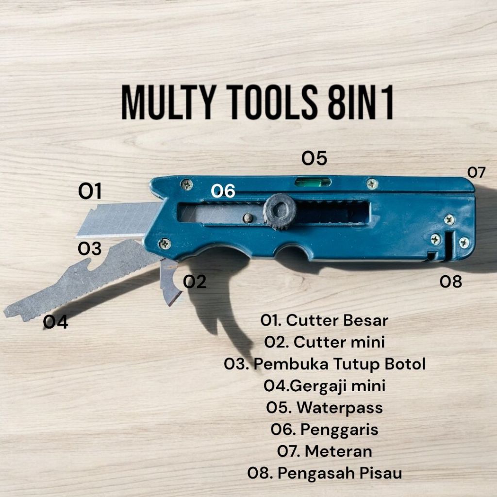 

TERMURAH Multy Tools 8 in 1 Cutter Alat Pemotong Pisau Multifungsi Pisau Cutter Combinasi Pembuka Tutup Botol Waterpass Gergaji Meteran Dan pengasah Pisah