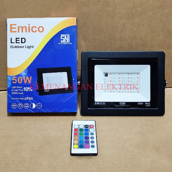 EMICO LAMPU SOROT TEMBAK LED SMD 50 WATT RGB 50W 220V OUTDOOR / FLOOD LIGHT WARNA WARNI + REMOTE 50W