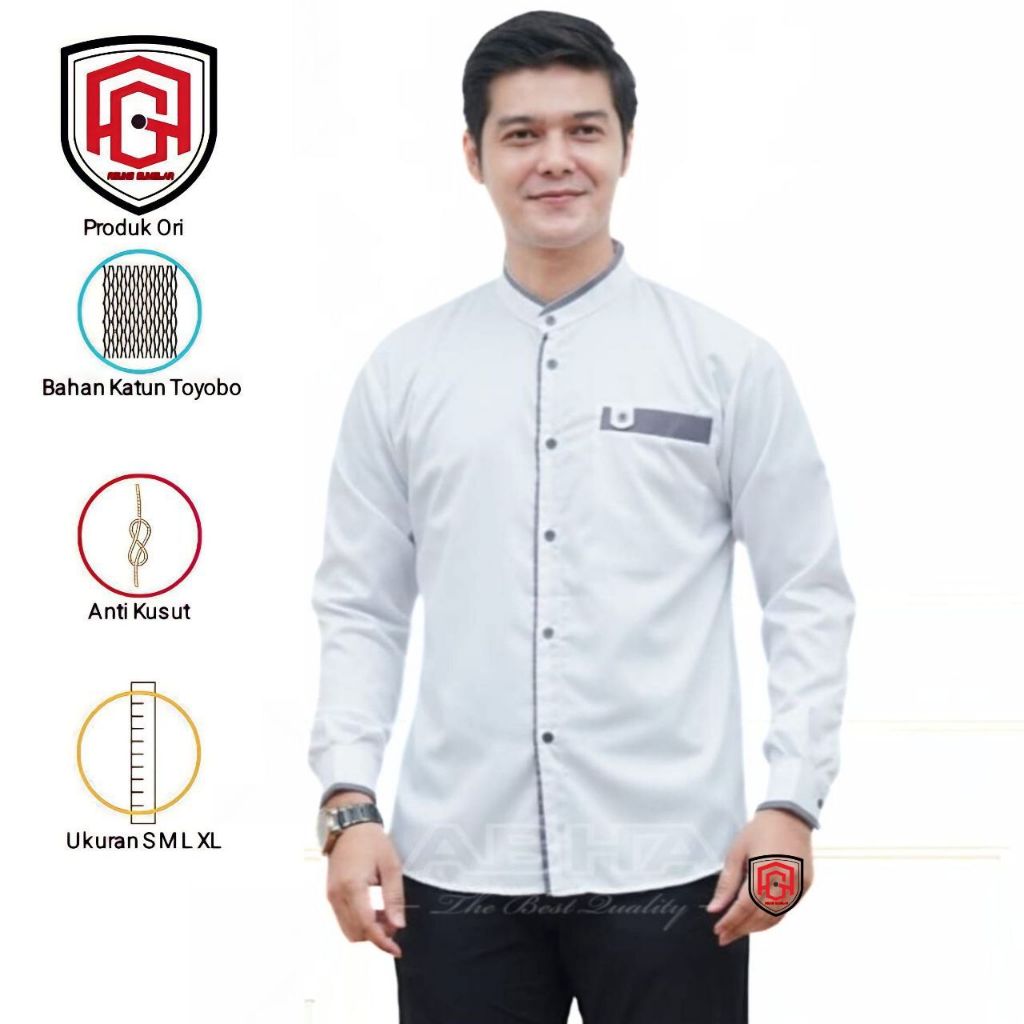 Baju Koko pria Dewasa Atasan Muslim Pria Dewasa Lengan Panjang Polos Putih - Kemko List Series