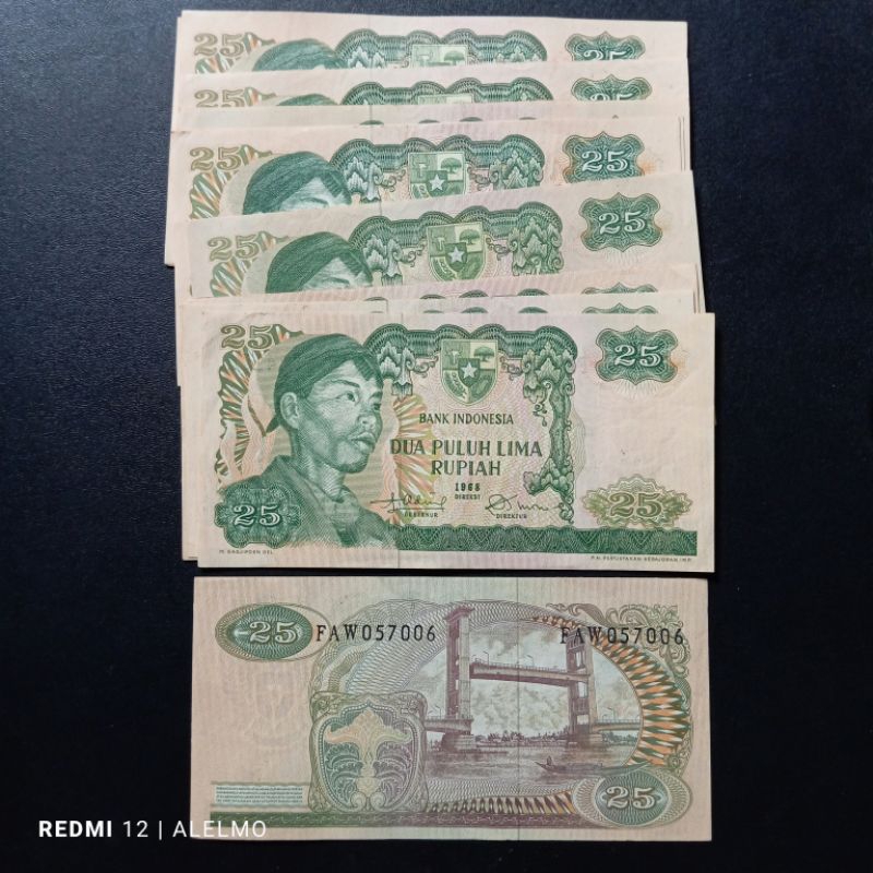 uang kertas kuno 25 seri sudirman tahun 1968 bekas asli