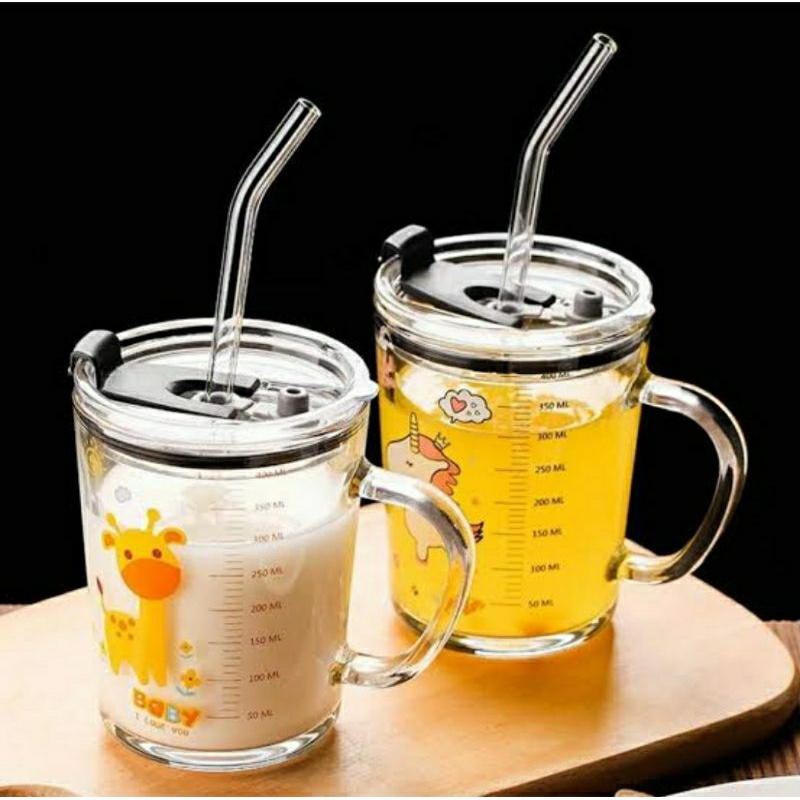 Gelas Minum Anak Motif Cute + Sedotan Gelas Kaca Karakte