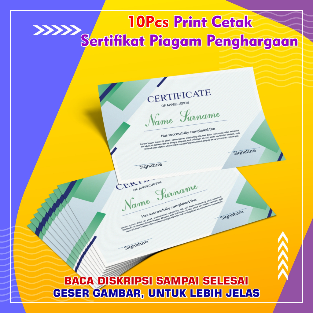

10 Pcs Print Cetak Sertifikat Piagam Penghargaan Ukuran F4 A4 Letter Laminasi Laminating