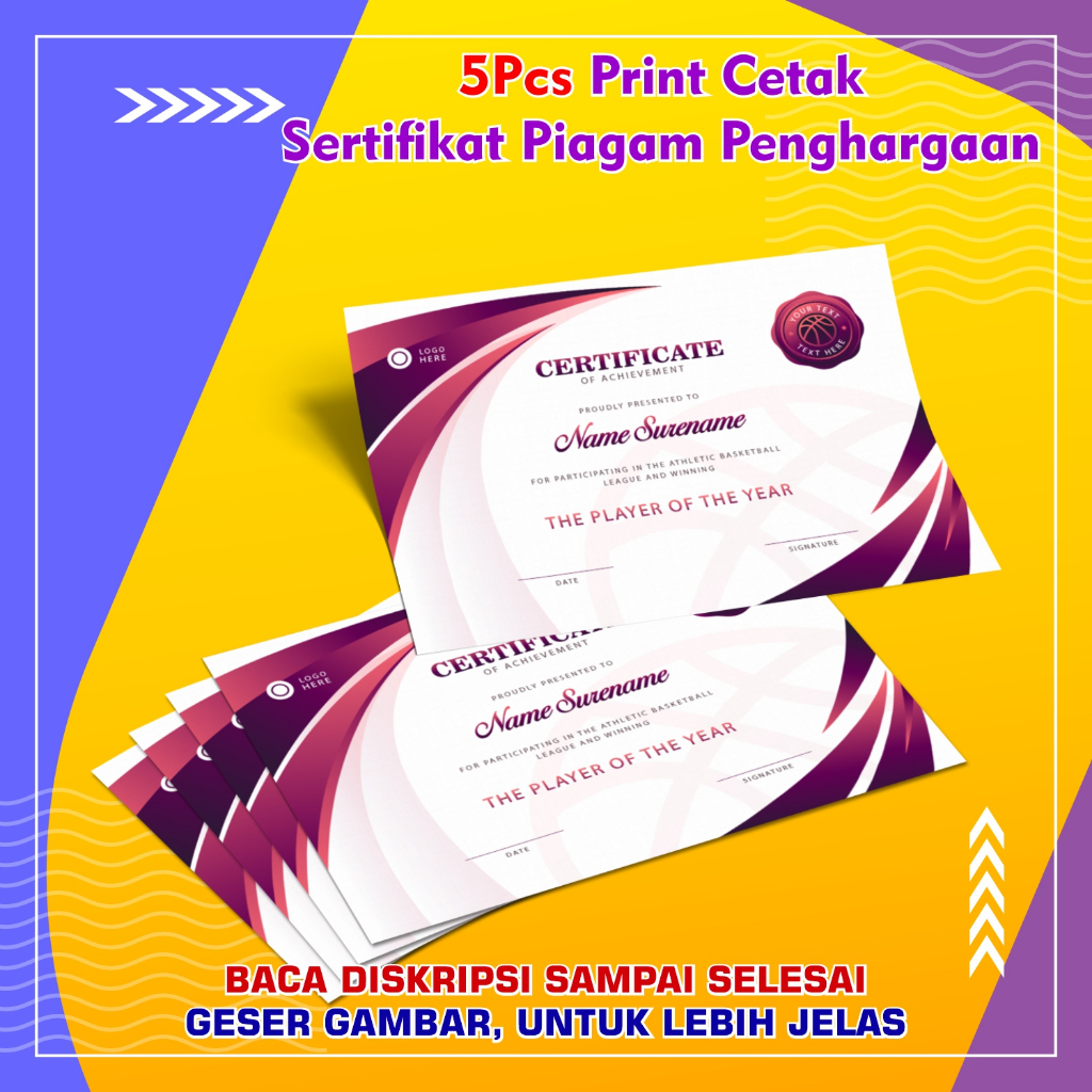 

5 Pcs Print Cetak Sertifikat Piagam Penghargaan Ukuran F4 A4 Letter Laminasi Laminating