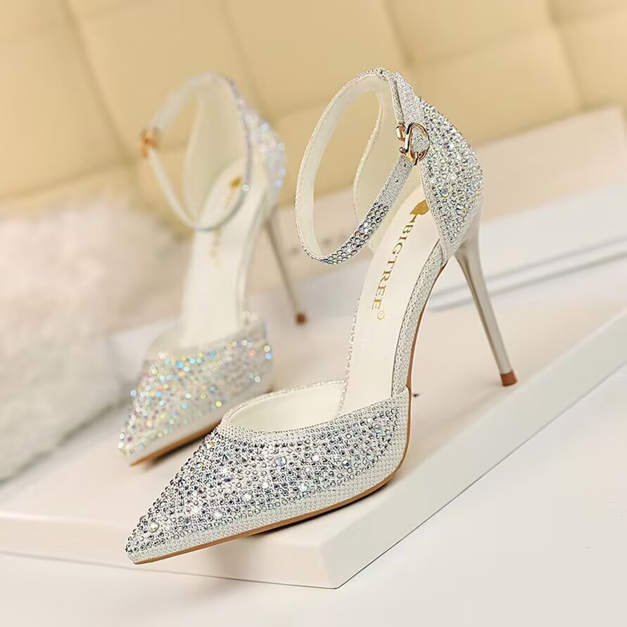 10CM Korean version sweet high heels, slim heels, shallow mouth, pointed hollow, straight cut with s