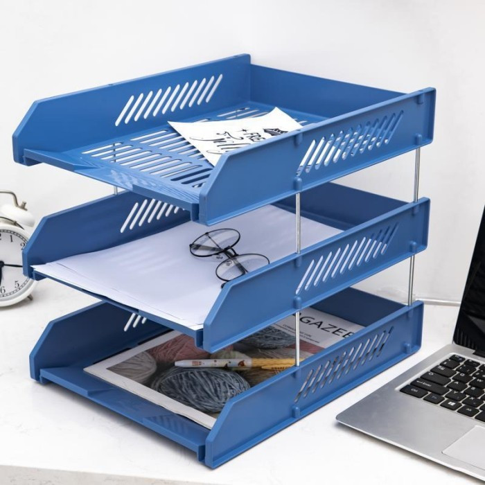 

Rak Susun Dokumen Kerja Paper Tray Organizer 3 Susun Murah Warna Biru bahan Batang Logam Mudah Dirakit