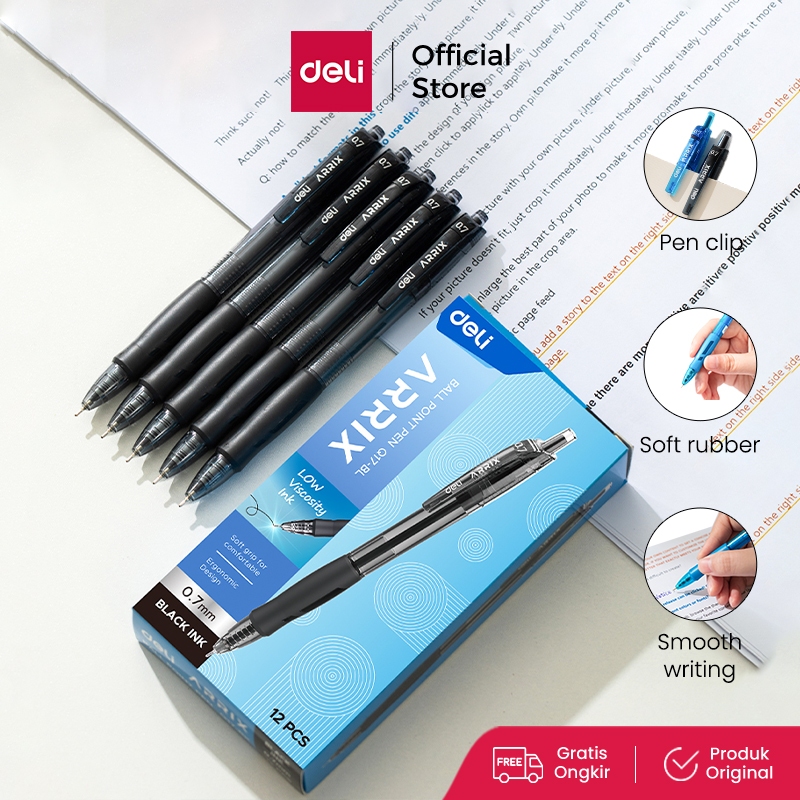 

Deli Retractable Ballpoint Pulpen Cetek Tip 0.7 mm Warna Hitam Biru EQ17-BK EQ17-BL