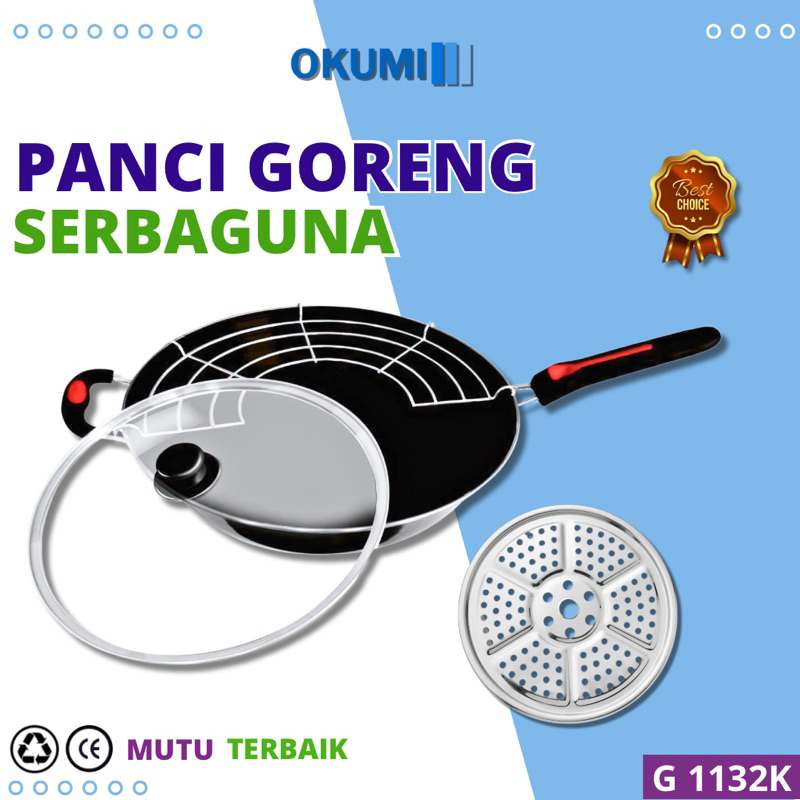 OKUMI Panci Wajan Goreng Teflon Enamel Tutup Kaca Serbaguna Anti Lengket FREE Tirisan Minyak dan Kuk