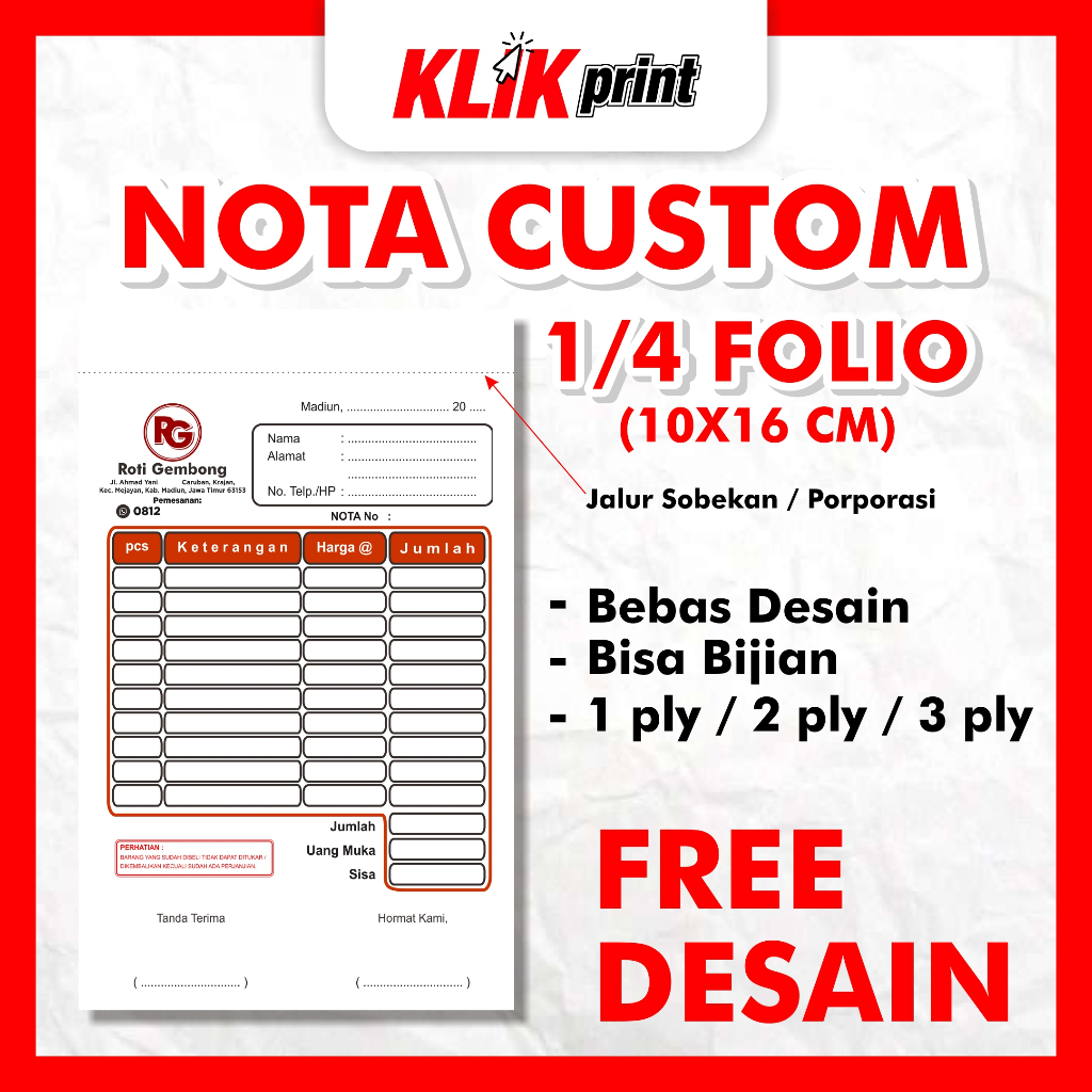 

Nota Satuan 1/4 Folio | Nota Custom Bijian Free Desain