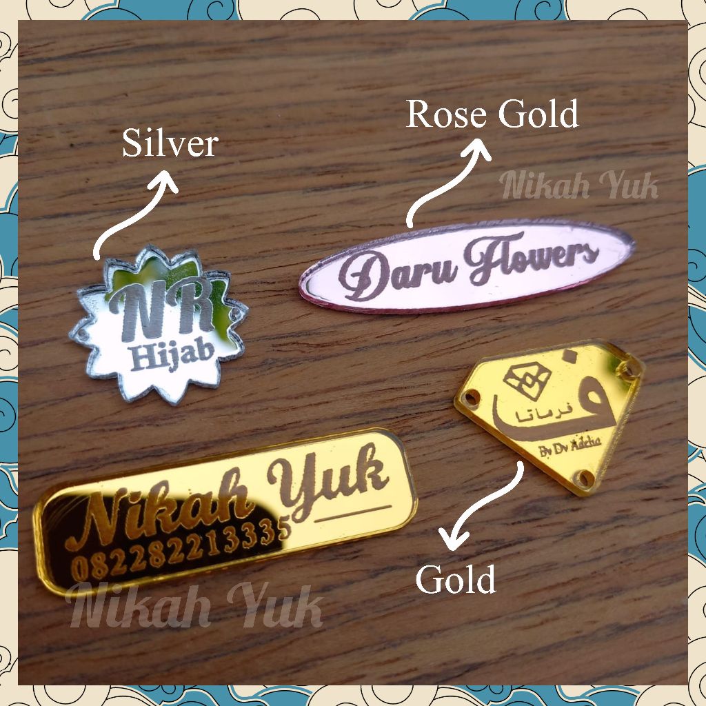 

LABEL NAMA CUSTOM AKRILIK GOLD, LABEL LOGO, LABEL NAMA AKRILIK MURAH, LABEL HIJAB,LABEL BAJU