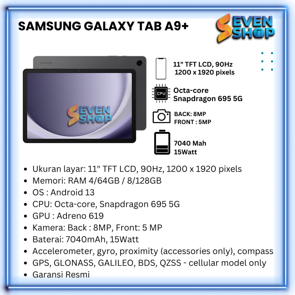 Samsung Galaxy Tab A9+ 5G RAM 4/64GB 6/128GB 8/128GB Garansi Resmi 12 Bulan