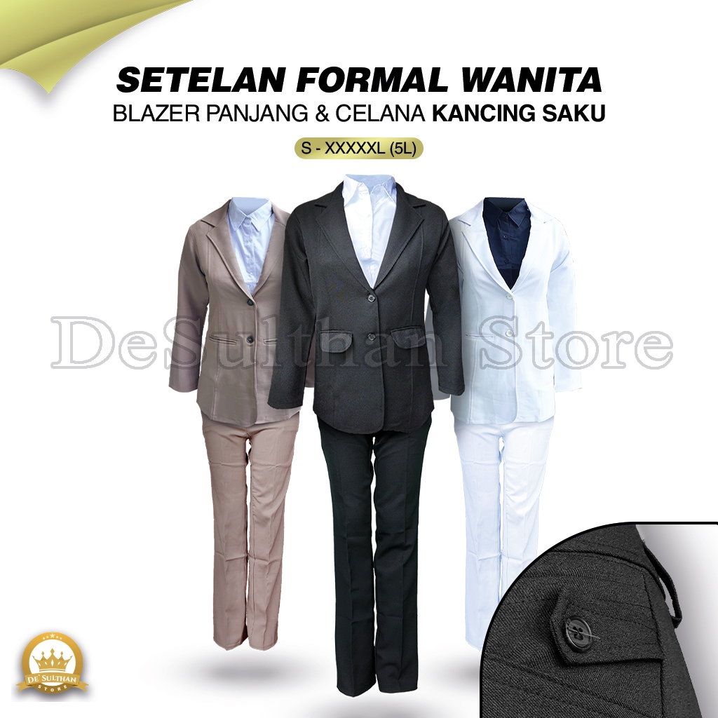 One Set Setelan Jas Blazer Pajang dan Celana Bahan Kancing Saku Celana Panjang Wanita Stelan Jas Ker