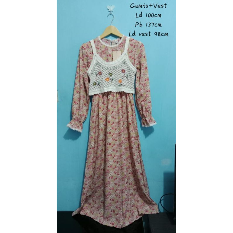 gamis+vest/gamis remaja dewasa/gamis bunga/dress vest/ gamis murah/dress murah