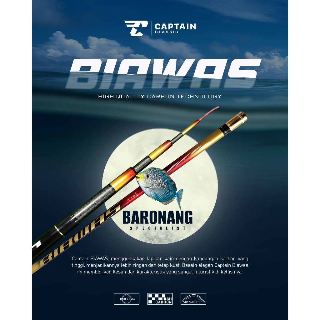 Tegek Captain Carbon Captain BIAWAS 135cm Ruas Ulir Motif Batik Ukuran 4,5m 5,4m 6,3m + Paper Core