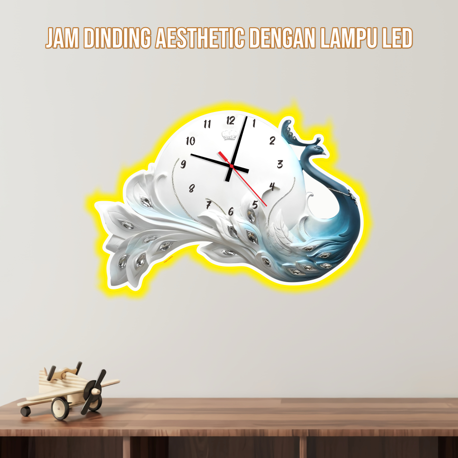 Jam Dinding Aesthetic Lampu Karakter Nuansa Hewan BURUNG  MERAK BIRU Dekorasi Ruang Tamu Kamar Tidur
